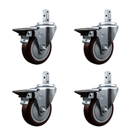 Service Caster 4'' Maroon Poly Wheel Swivel 7/8'' Square Stem Caster Set with Brake, 4PK SCC-SQ20S414-PPUB-MRN-PLB-78-4